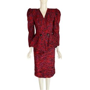 Vintage 80s Designer Peplum Jacket & Skirt Set Size 4 Red Silk Bold Statement